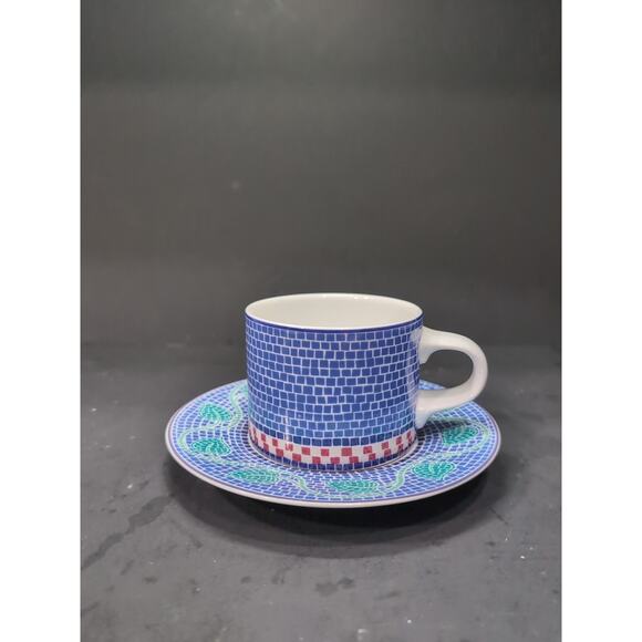 Dansk Mosaic Tile Flat Cup & Saucer Set, Porcelain Tea Cup, Collectible Dishware - Picture 1 of 12